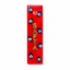 Red Custom Design Mezuzah with blue hamsa charms and the name SAFTA.