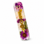 Personalized floral mezuzah case with purple and white flowers and vertical gold lettering.