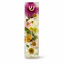 Floral mezuzah case with purple, white and yellow flowers and a gold Hebrew shin.