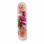 Rounded floral mezuzah case with purple and pink flowers and a gold Hebrew shin.